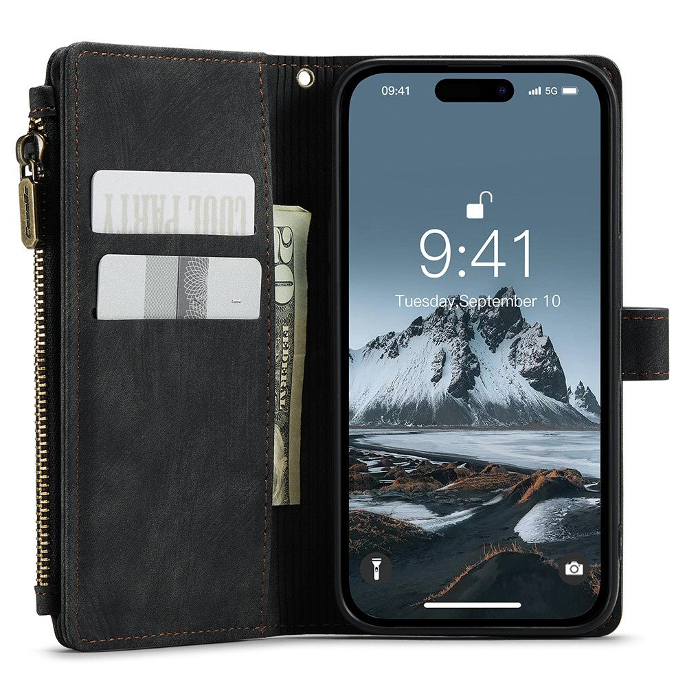 For iPhone 15 Pro Phone Cases with Strap CASEME C30 Zipper Multiple Card Holder PU Leather Cover