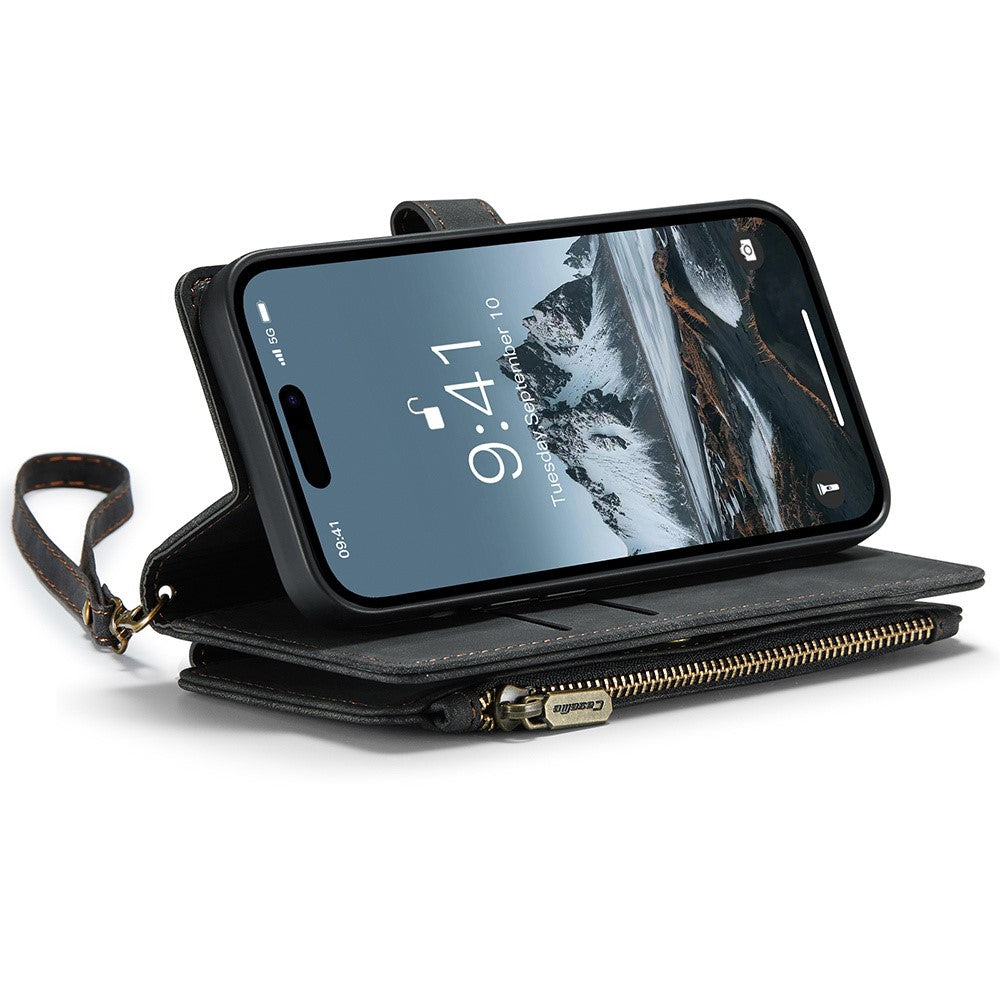 For iPhone 15 Pro Phone Cases with Strap CASEME C30 Zipper Multiple Card Holder PU Leather Cover