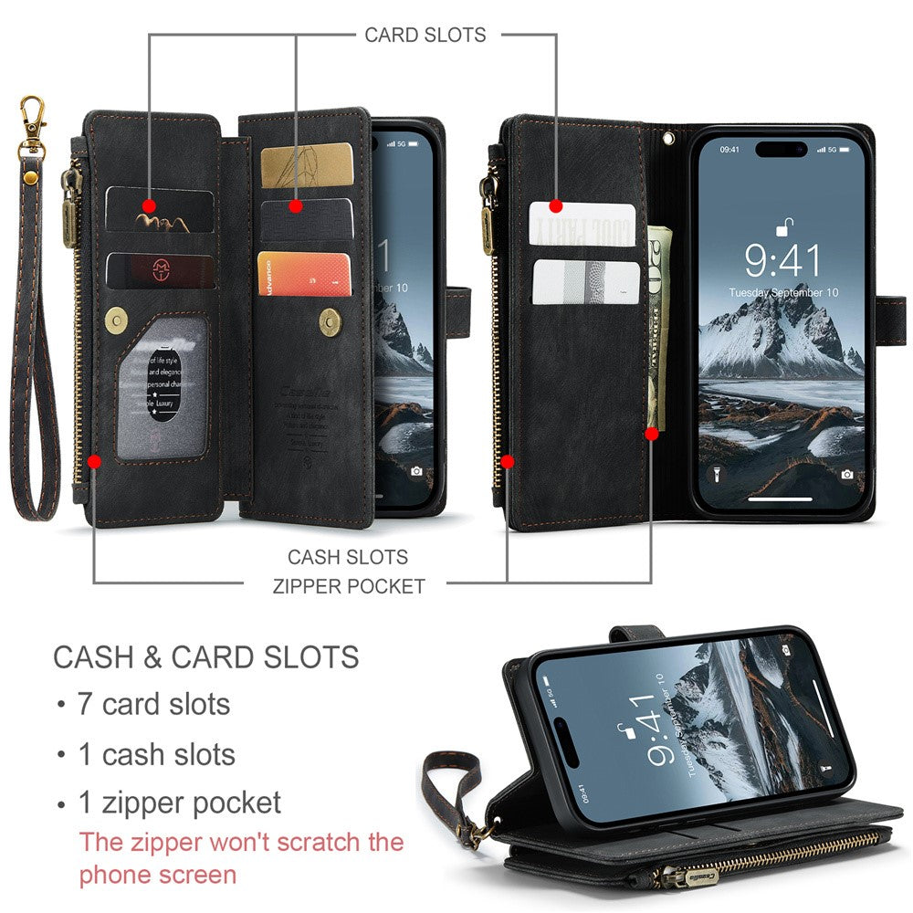 For iPhone 15 Pro Phone Cases with Strap CASEME C30 Zipper Multiple Card Holder PU Leather Cover