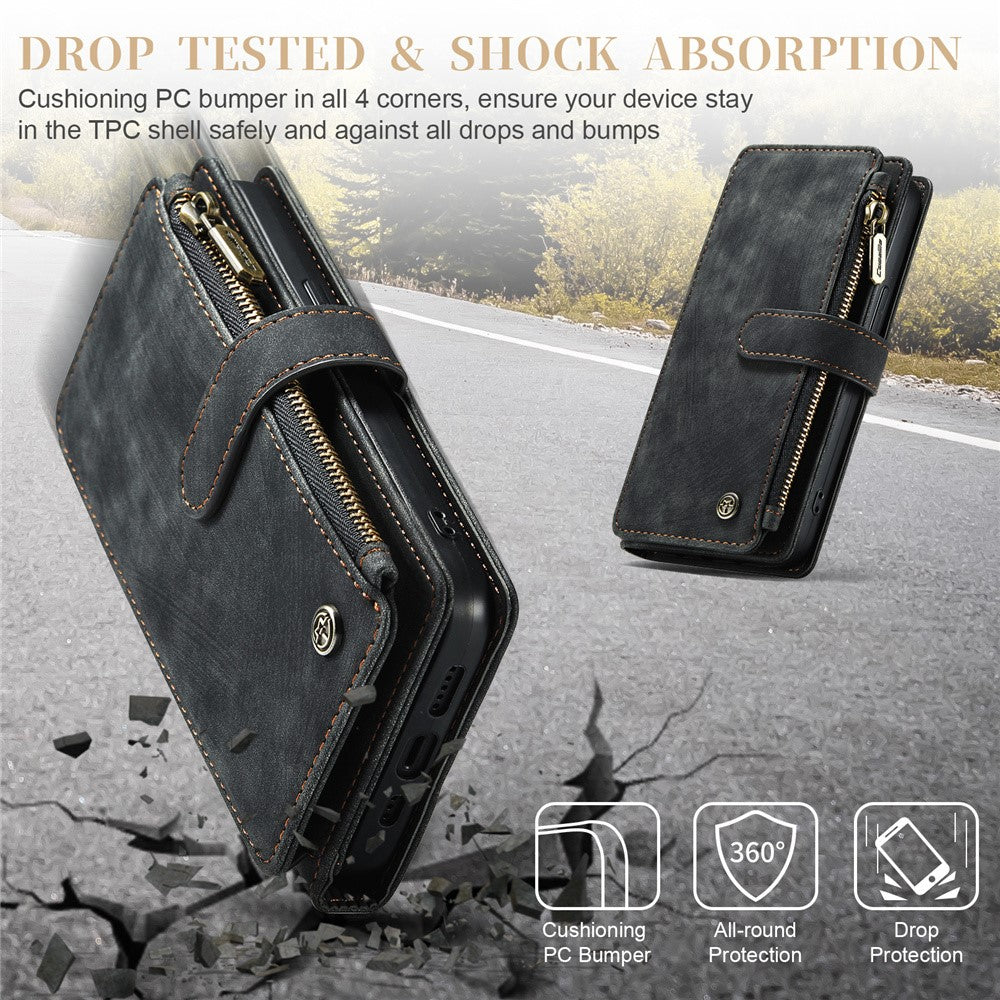 For iPhone 15 Pro Phone Cases with Strap CASEME C30 Zipper Multiple Card Holder PU Leather Cover