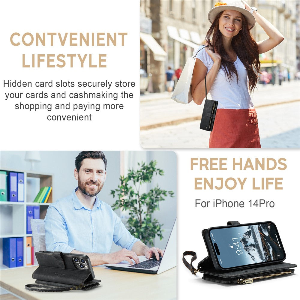 For iPhone 15 Pro Phone Cases with Strap CASEME C30 Zipper Multiple Card Holder PU Leather Cover