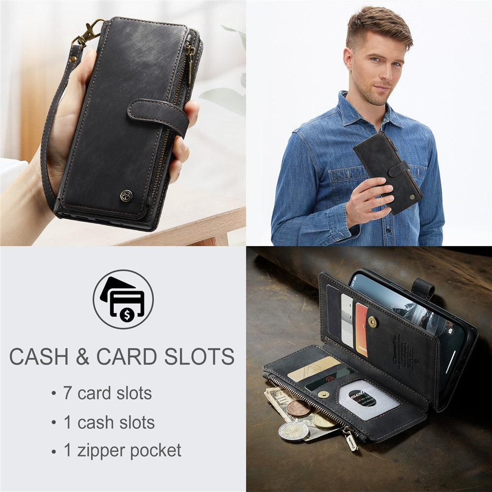 For iPhone 15 Pro Phone Cases with Strap CASEME C30 Zipper Multiple Card Holder PU Leather Cover