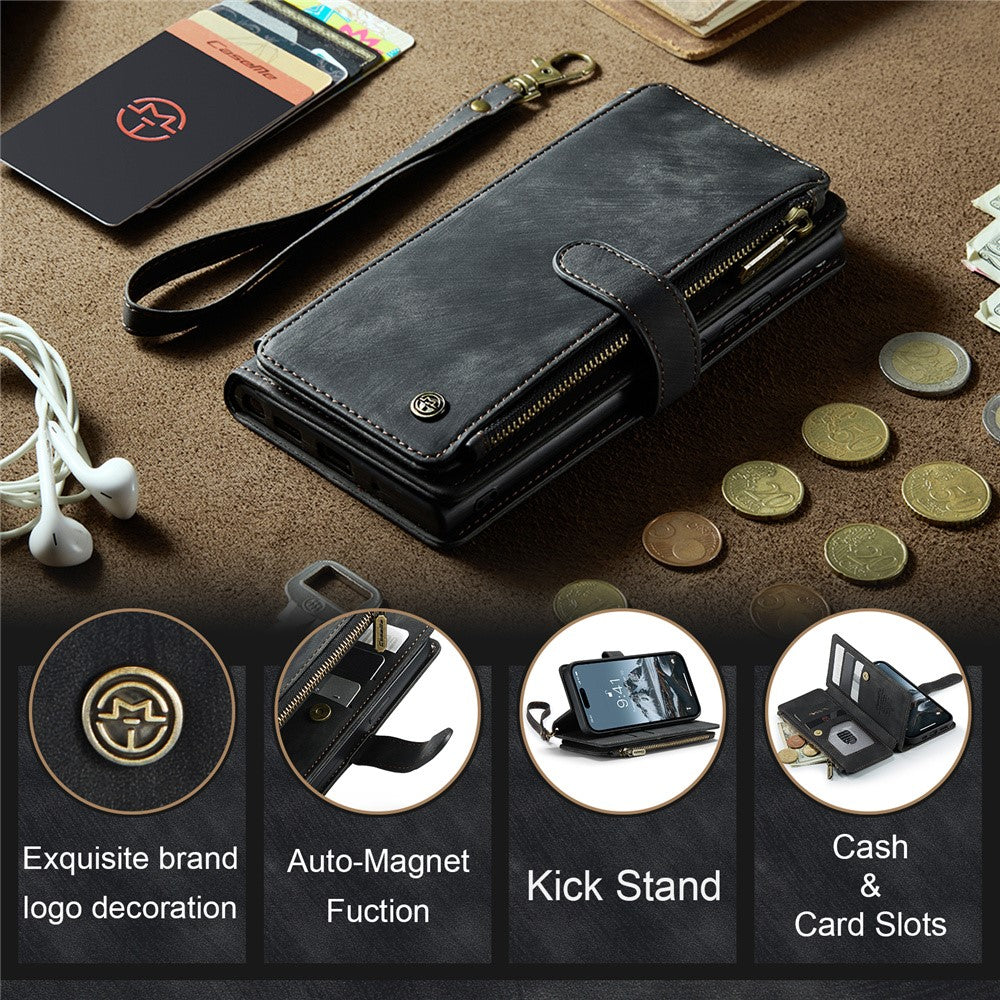 For iPhone 15 Pro Phone Cases with Strap CASEME C30 Zipper Multiple Card Holder PU Leather Cover