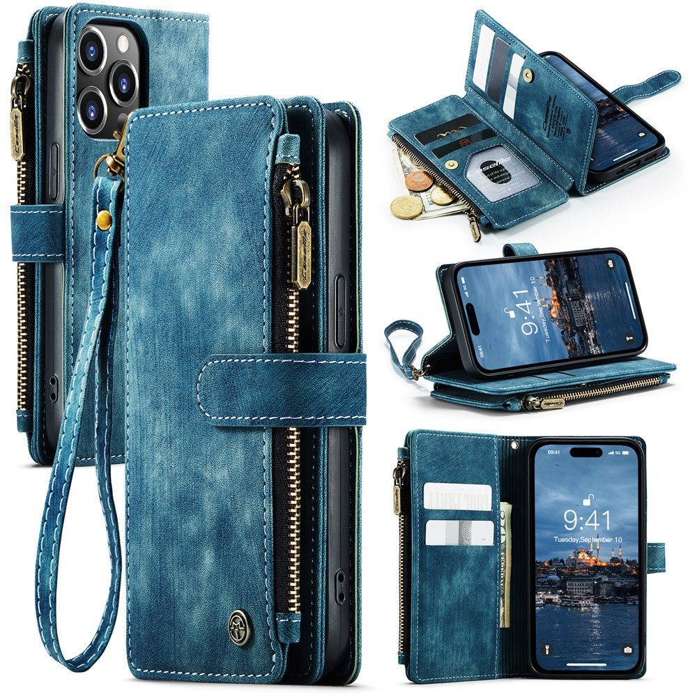 For iPhone 15 Pro Phone Cases with Strap CASEME C30 Zipper Multiple Card Holder PU Leather Cover