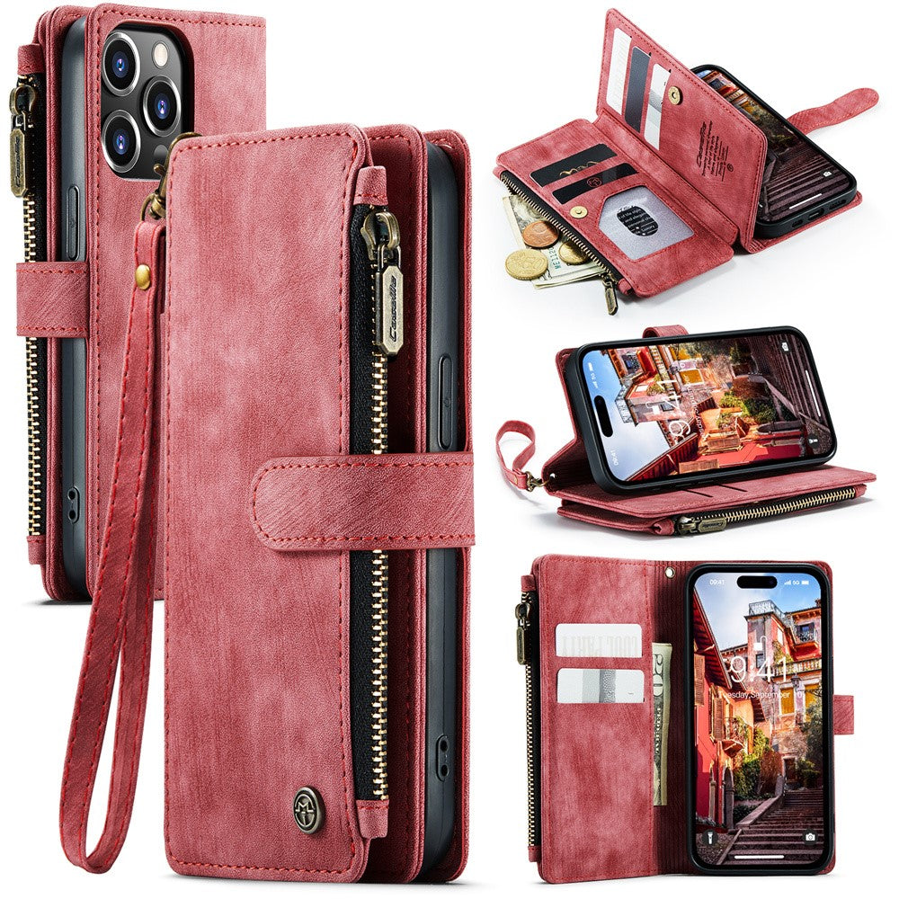 For iPhone 15 Pro Phone Cases with Strap CASEME C30 Zipper Multiple Card Holder PU Leather Cover