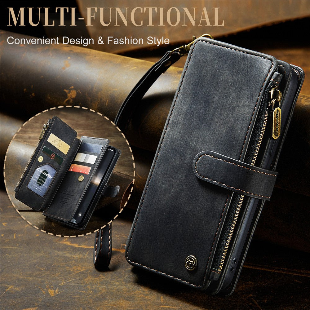 For iPhone 15 Phone Cases with Strap CASEME C30 Zipper Multiple Card Holder PU Leather Cover