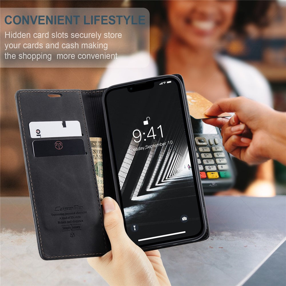 CASEME 013 Series For iPhone 15 Plus PU Leather Anti-drop Phone Case Folding Stand Wallet Cover