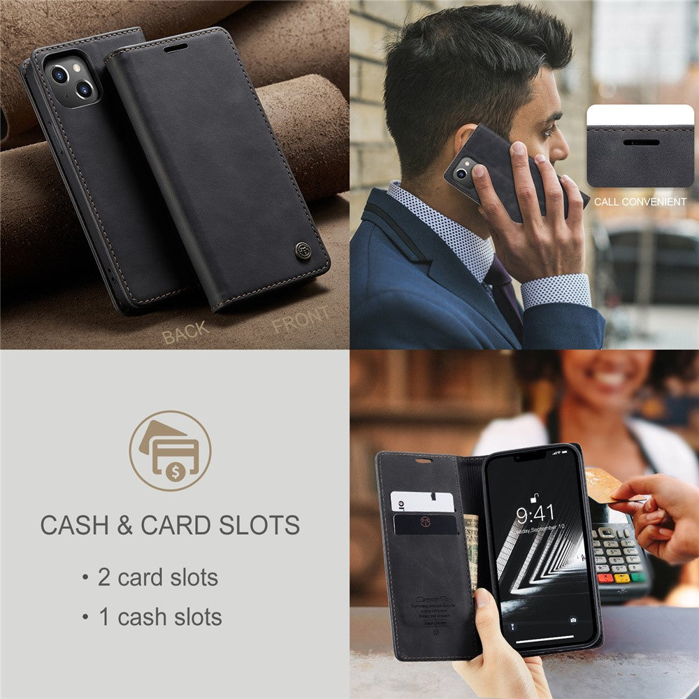 CASEME 013 Series For iPhone 15 Plus PU Leather Anti-drop Phone Case Folding Stand Wallet Cover