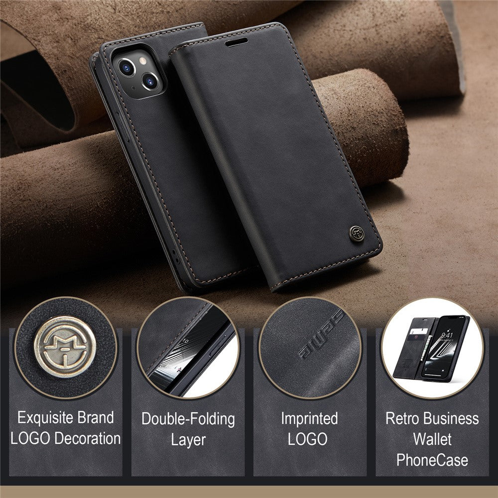 CASEME 013 Series For iPhone 15 Plus PU Leather Anti-drop Phone Case Folding Stand Wallet Cover