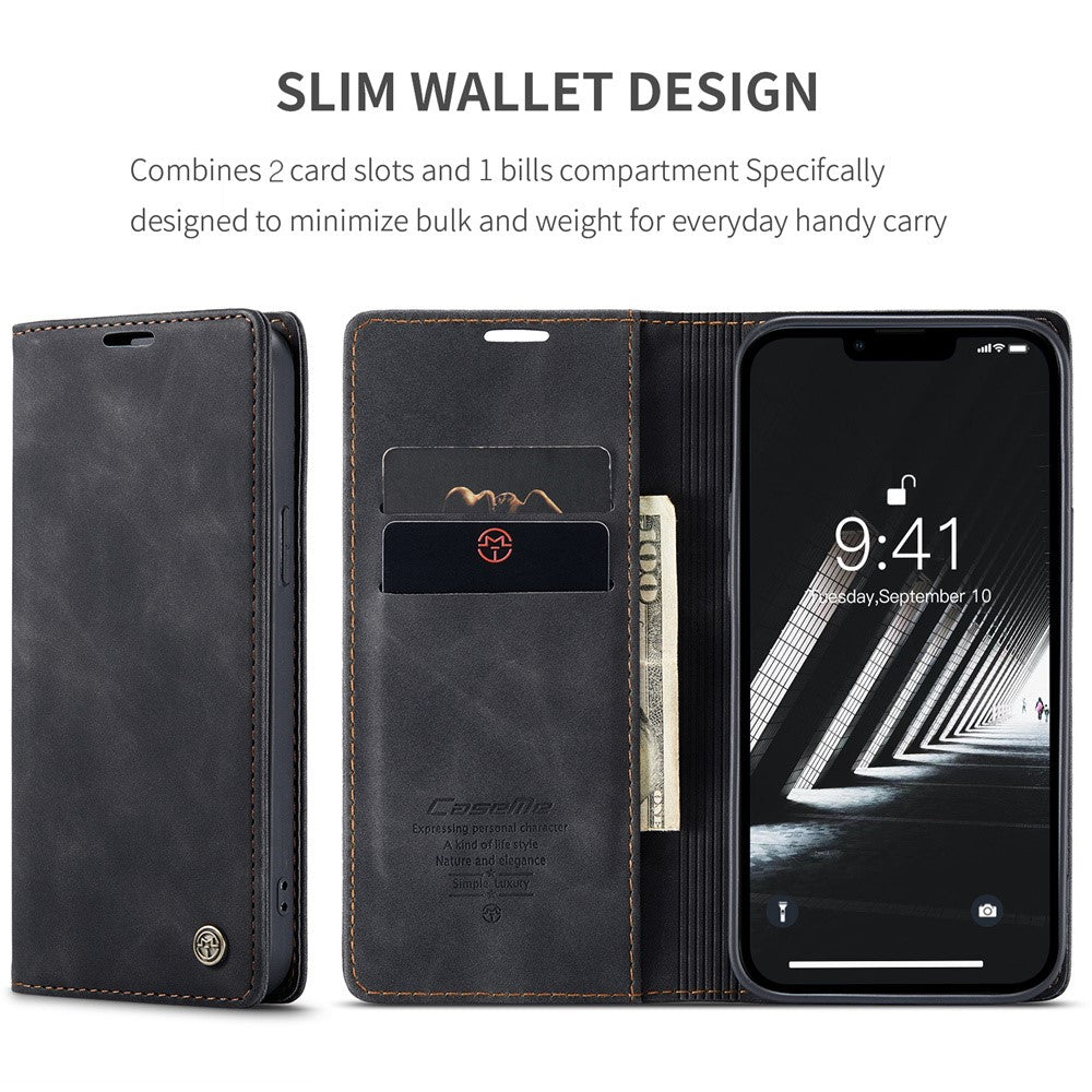 CASEME 013 Series For iPhone 15 Plus PU Leather Anti-drop Phone Case Folding Stand Wallet Cover