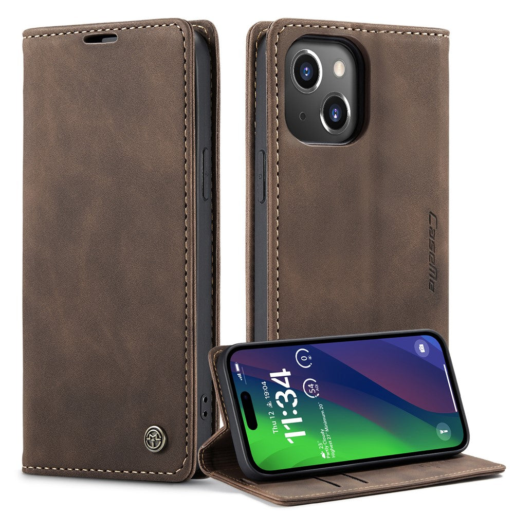 CASEME 013 Series For iPhone 15 Plus PU Leather Anti-drop Phone Case Folding Stand Wallet Cover