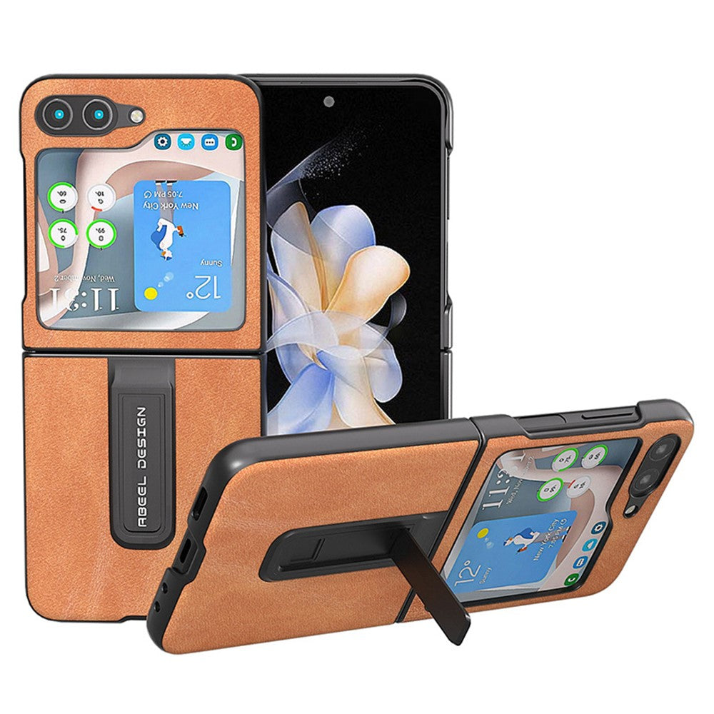 ABEEL For Samsung Galaxy Z Flip5 5G Cowhide Texture Phone Case PU Leather Coated PC Kickstand Cover