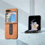 ABEEL For Samsung Galaxy Z Flip5 5G Cowhide Texture Phone Case PU Leather Coated PC Kickstand Cover