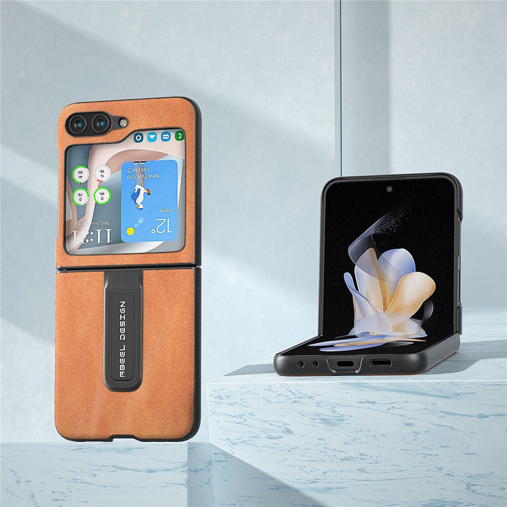 ABEEL For Samsung Galaxy Z Flip5 5G Cowhide Texture Phone Case PU Leather Coated PC Kickstand Cover