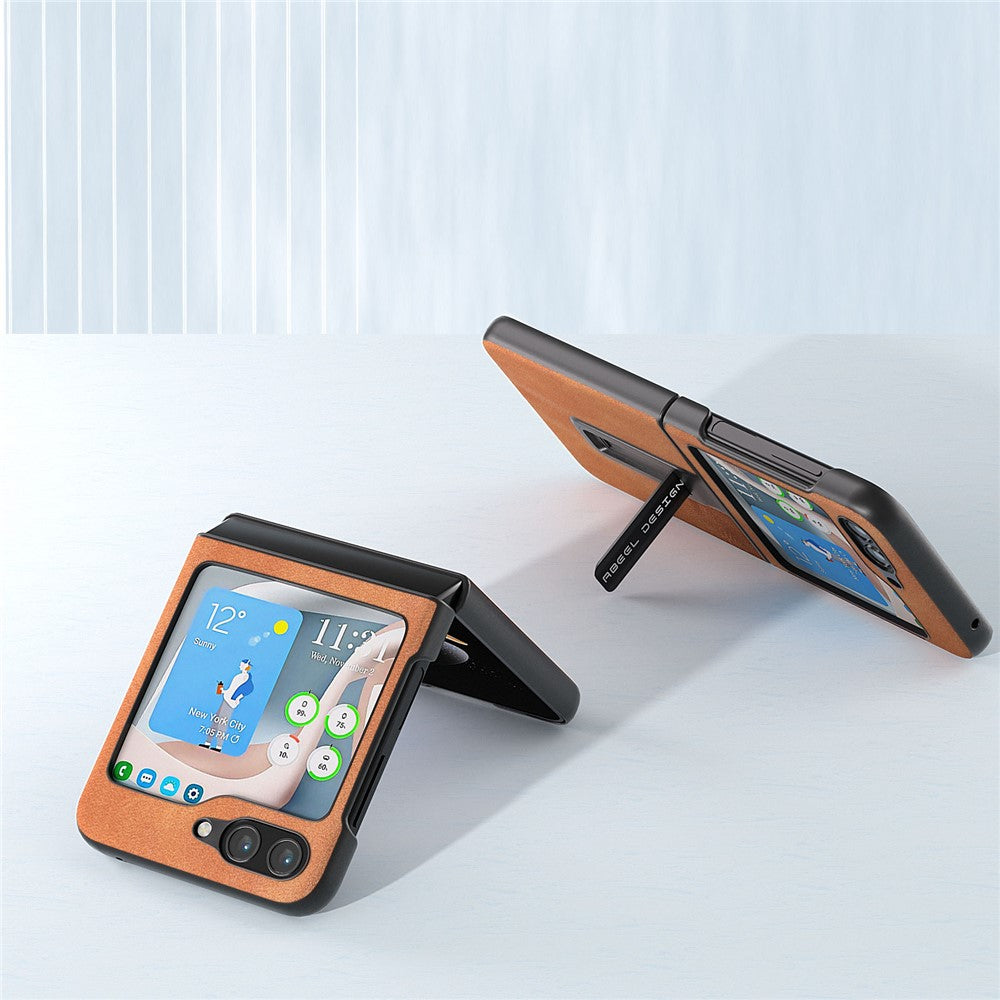 ABEEL For Samsung Galaxy Z Flip5 5G Cowhide Texture Phone Case PU Leather Coated PC Kickstand Cover