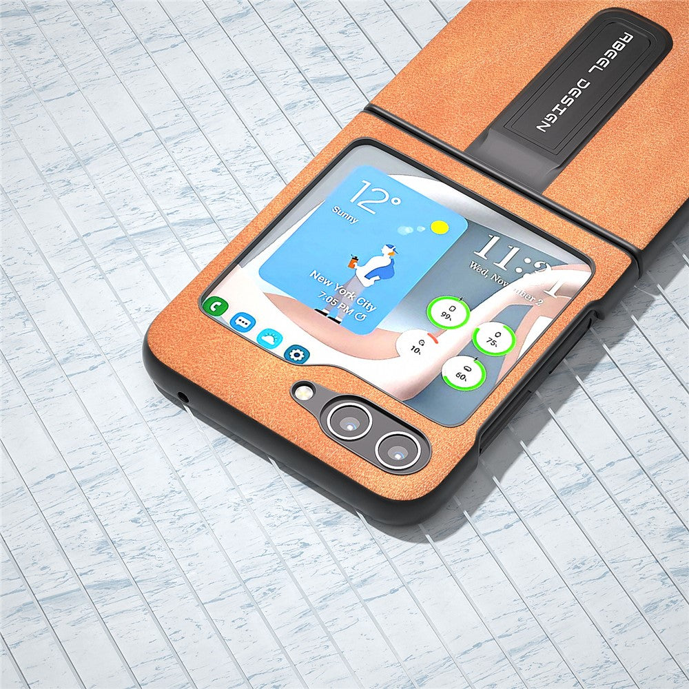 ABEEL For Samsung Galaxy Z Flip5 5G Cowhide Texture Phone Case PU Leather Coated PC Kickstand Cover