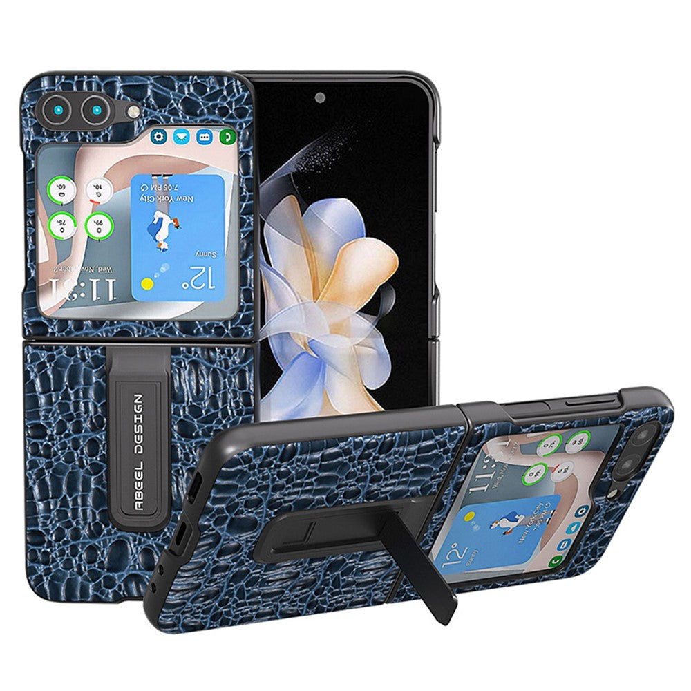 ABEEL For Samsung Galaxy Z Flip5 5G Kickstand Bagcover Ægte Koskind+PC Canopy Tekstur Telefoncover