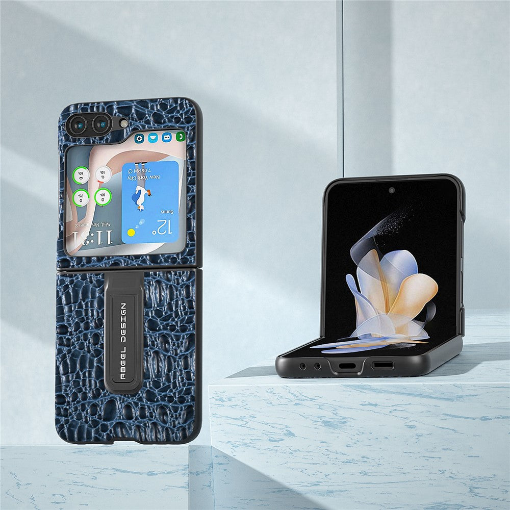 ABEEL For Samsung Galaxy Z Flip5 5G Kickstand Bagcover Ægte Koskind+PC Canopy Tekstur Telefoncover