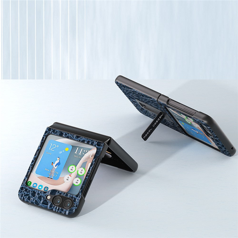ABEEL For Samsung Galaxy Z Flip5 5G Kickstand Bagcover Ægte Koskind+PC Canopy Tekstur Telefoncover