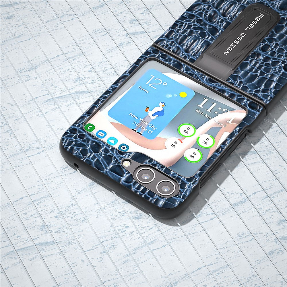 ABEEL For Samsung Galaxy Z Flip5 5G Kickstand Bagcover Ægte Koskind+PC Canopy Tekstur Telefoncover