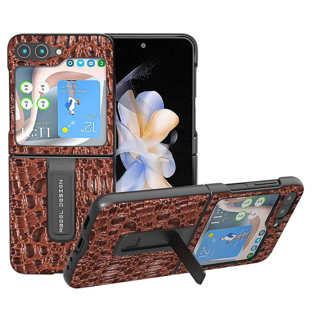 ABEEL For Samsung Galaxy Z Flip5 5G Kickstand Bagcover Ægte Koskind+PC Canopy Tekstur Telefoncover