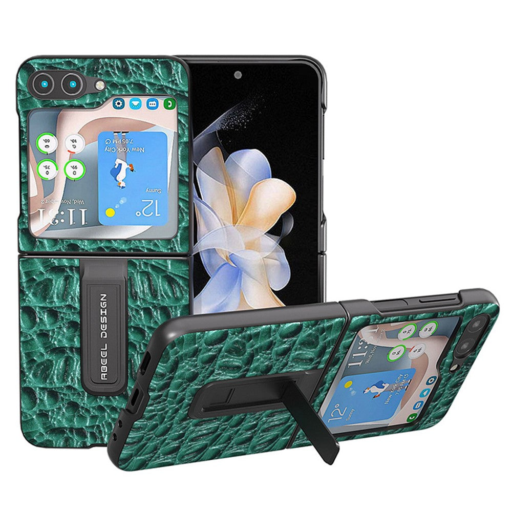 ABEEL For Samsung Galaxy Z Flip5 5G Kickstand Bagcover Ægte Koskind+PC Canopy Tekstur Telefoncover