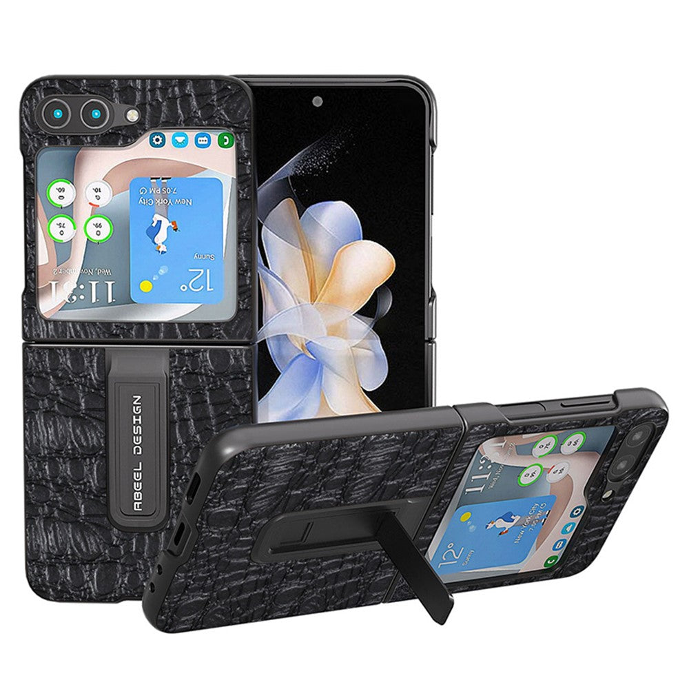 ABEEL For Samsung Galaxy Z Flip5 5G Kickstand Bagcover Ægte Koskind+PC Canopy Tekstur Telefoncover