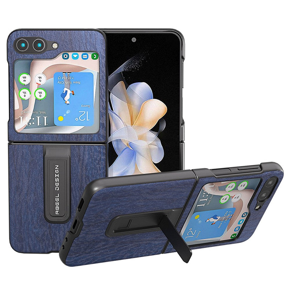 ABEEL For Samsung Galaxy Z Flip5 5G Wood Texture Back Case PU Leather+PC Kickstand Phone Cover