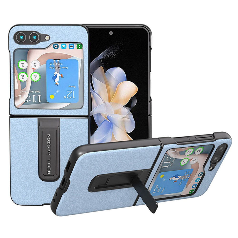 ABEEL For Samsung Galaxy Z Flip5 5G Kickstand Phone Case Genuine Cow Leather+PC Textured Cover