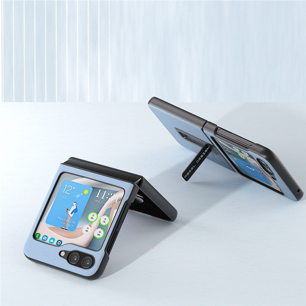 ABEEL For Samsung Galaxy Z Flip5 5G Kickstand Phone Case Genuine Cow Leather+PC Textured Cover