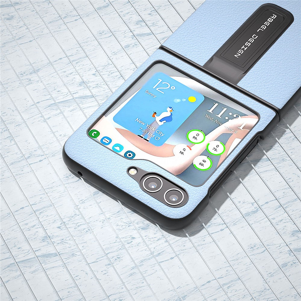 ABEEL For Samsung Galaxy Z Flip5 5G Kickstand Phone Case Genuine Cow Leather+PC Textured Cover