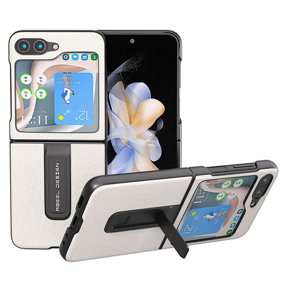 ABEEL For Samsung Galaxy Z Flip5 5G Kickstand Phone Case Genuine Cow Leather+PC Textured Cover