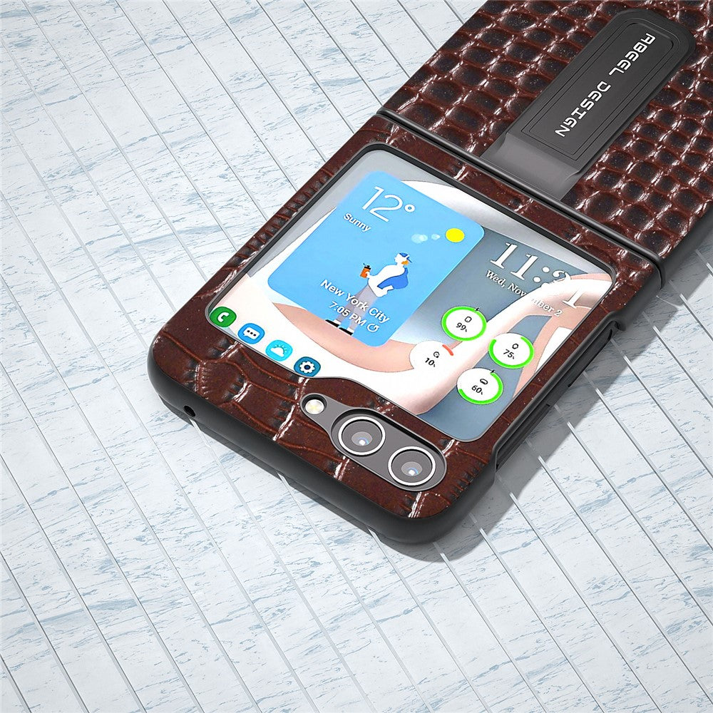 ABEEL For Samsung Galaxy Z Flip5 5G Crocodile Texture Protective Case Genuine Cow Leather+PC Kickstand Phone Cover
