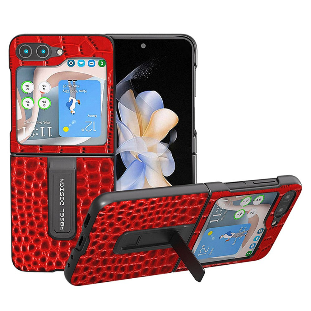 ABEEL For Samsung Galaxy Z Flip5 5G Crocodile Texture Protective Case Genuine Cow Leather+PC Kickstand Phone Cover