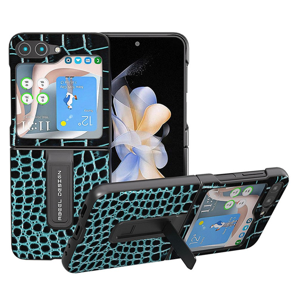 ABEEL For Samsung Galaxy Z Flip5 5G Crocodile Texture Protective Case Genuine Cow Leather+PC Kickstand Phone Cover
