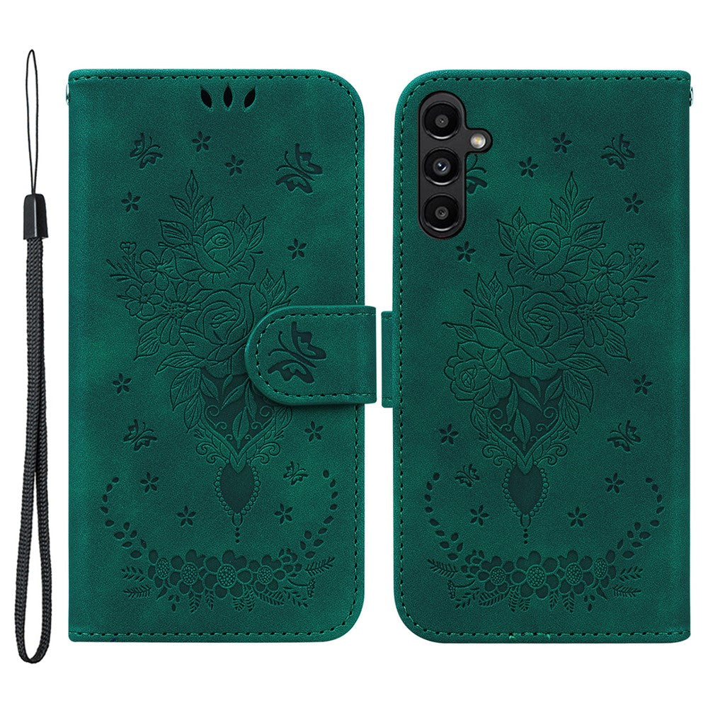 Samsung Galaxy A25 5G (global) (161,0 x 76,5 x 8,3 mm) stødsikkert mobilcover med rosen- og sommerfugletryk, læderpung