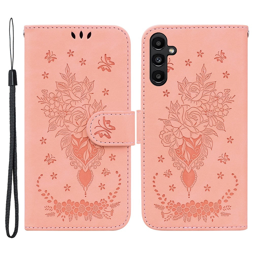 Samsung Galaxy A25 5G (global) (161,0 x 76,5 x 8,3 mm) stødsikkert mobilcover med rosen- og sommerfugletryk, læderpung