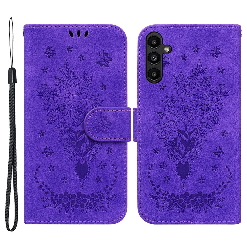 Samsung Galaxy A25 5G (global) (161,0 x 76,5 x 8,3 mm) stødsikkert mobilcover med rosen- og sommerfugletryk, læderpung
