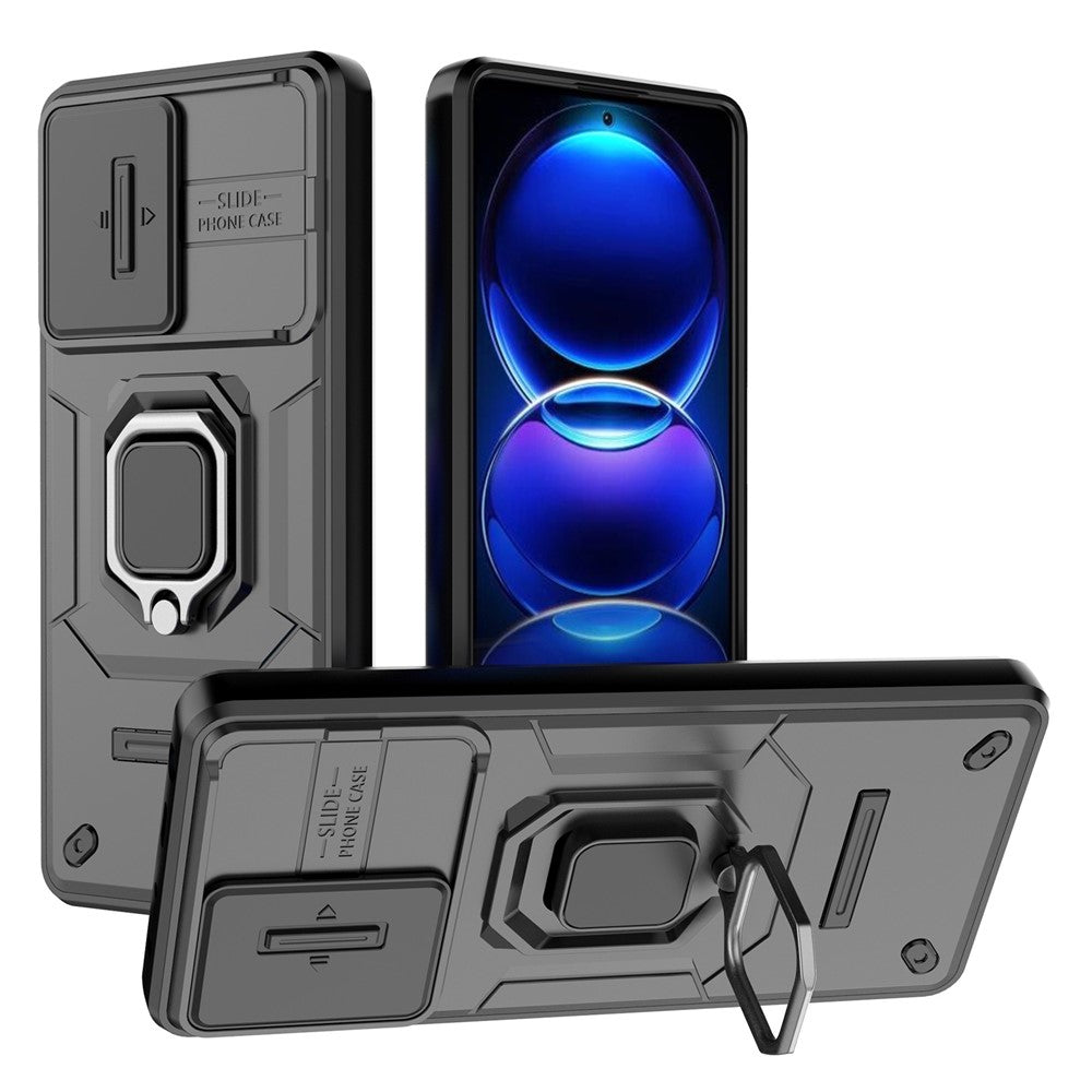 Back Protector Shell for Xiaomi Redmi Note 12 Pro+ 5G , Slide Lens Protection PC+TPU Phone Case with Kickstand
