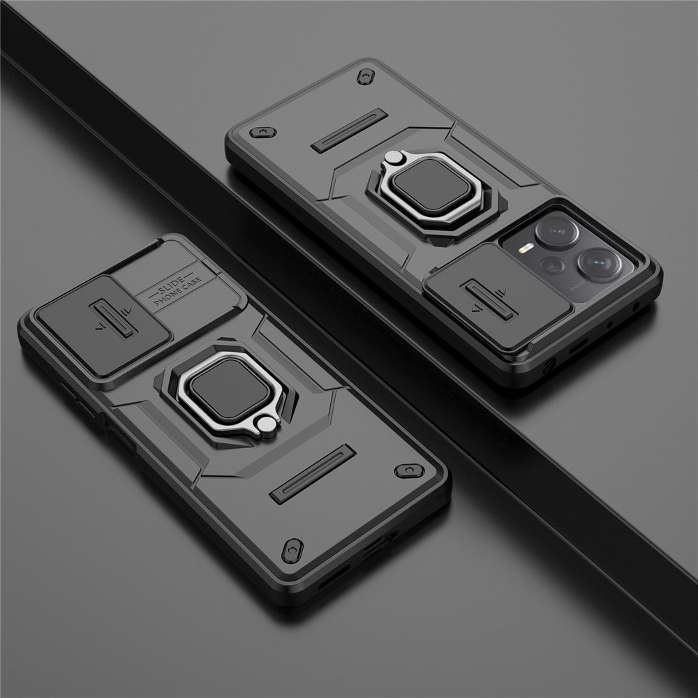 Back Protector Shell for Xiaomi Redmi Note 12 Pro+ 5G , Slide Lens Protection PC+TPU Phone Case with Kickstand