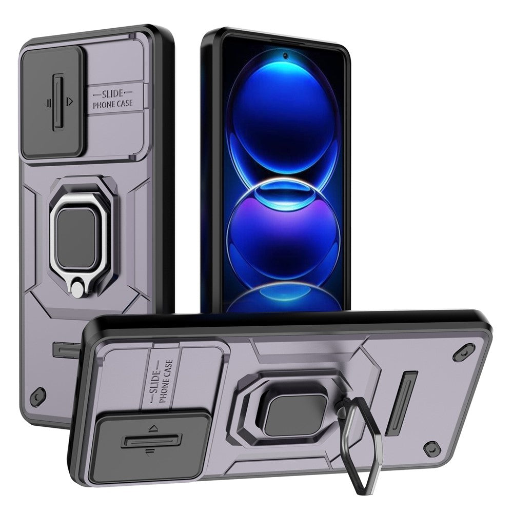 Back Protector Shell for Xiaomi Redmi Note 12 Pro+ 5G , Slide Lens Protection PC+TPU Phone Case with Kickstand