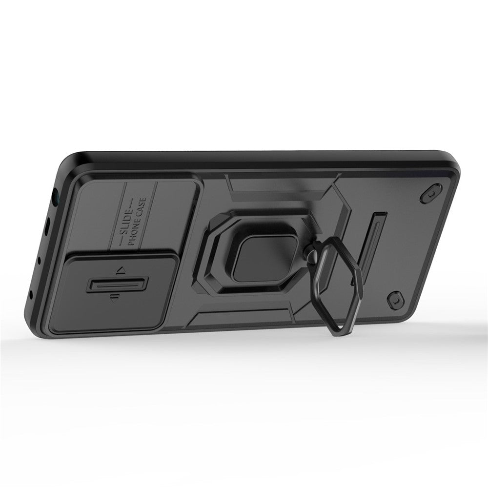 PC+TPU-skal för Xiaomi Poco F5 5G / Redmi Note 12 Turbo, fallskyddande mobilskal glidande linsskydd stativ bakstycke