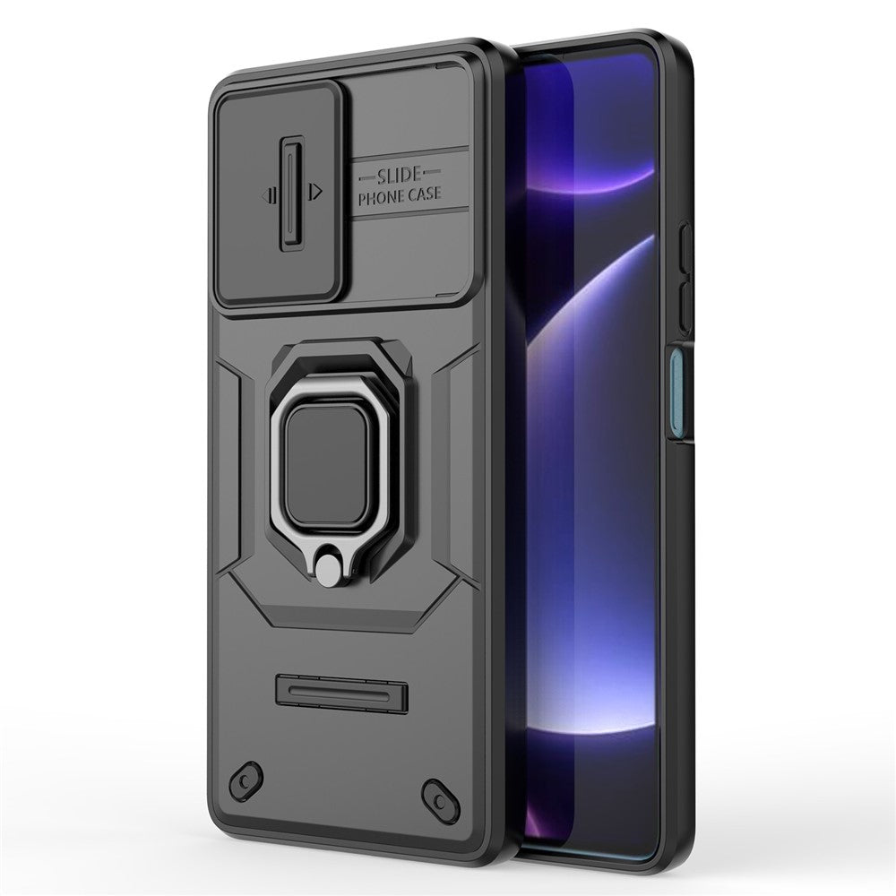 PC+TPU-skal för Xiaomi Poco F5 5G / Redmi Note 12 Turbo, fallskyddande mobilskal glidande linsskydd stativ bakstycke