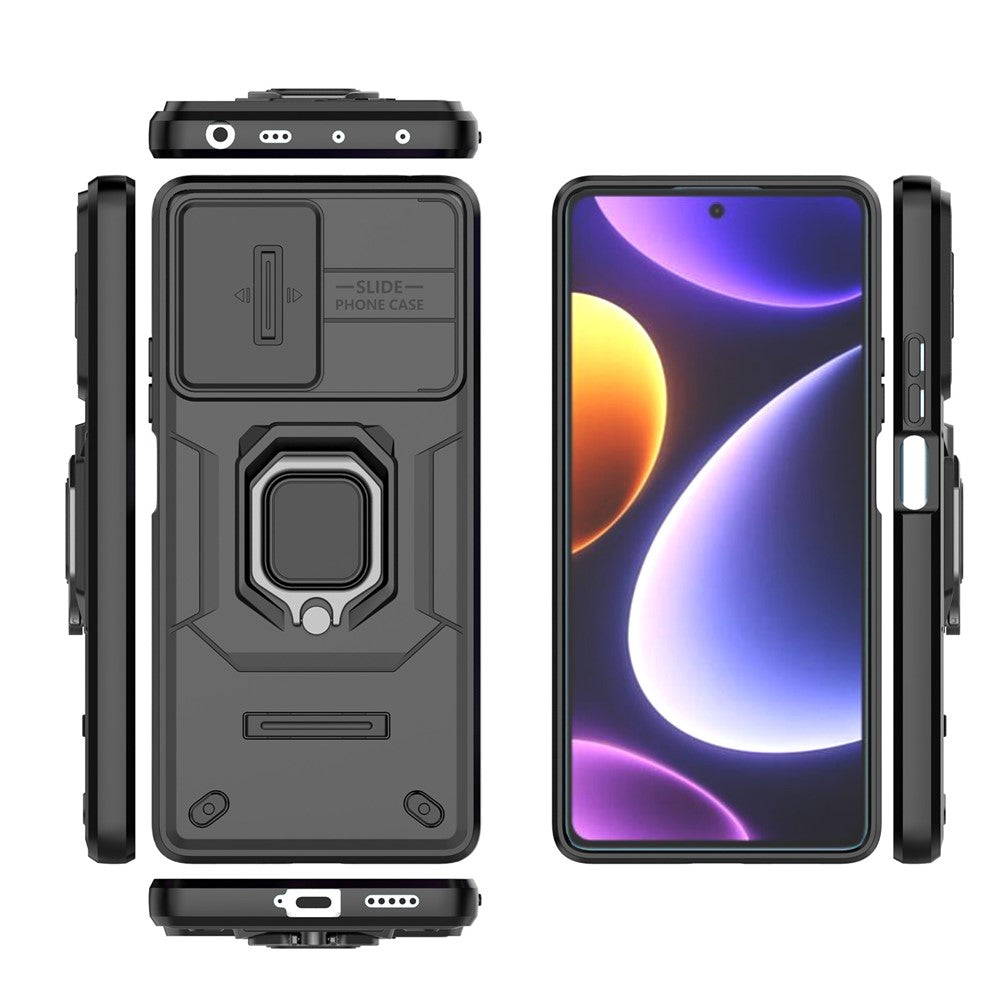 PC+TPU-skal för Xiaomi Poco F5 5G / Redmi Note 12 Turbo, fallskyddande mobilskal glidande linsskydd stativ bakstycke