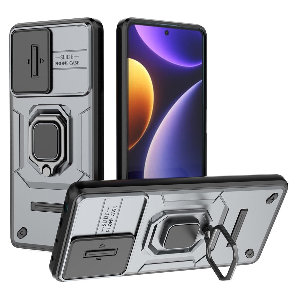 PC+TPU-skal för Xiaomi Poco F5 5G / Redmi Note 12 Turbo, fallskyddande mobilskal glidande linsskydd stativ bakstycke