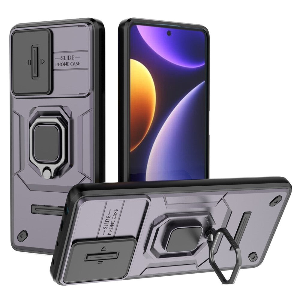 PC+TPU-skal för Xiaomi Poco F5 5G / Redmi Note 12 Turbo, fallskyddande mobilskal glidande linsskydd stativ bakstycke