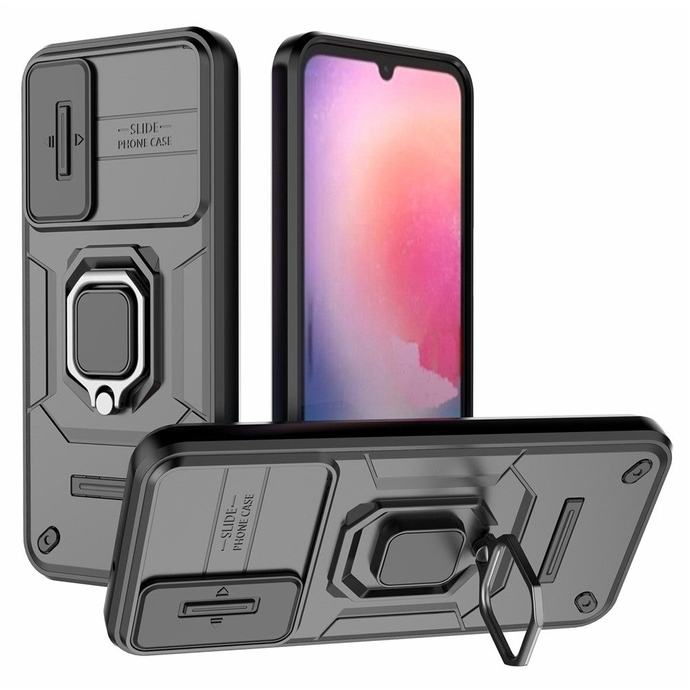 Back Shell for Samsung Galaxy A24 4G (162.1 x 77.6 x 8.3mm) PC+TPU Fall-proof Phone Case Slide Lens Protection Kickstand Cover