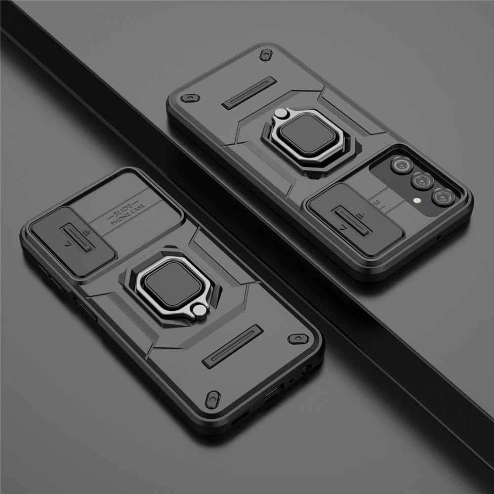 Back Shell for Samsung Galaxy A24 4G (162.1 x 77.6 x 8.3mm) PC+TPU Fall-proof Phone Case Slide Lens Protection Kickstand Cover