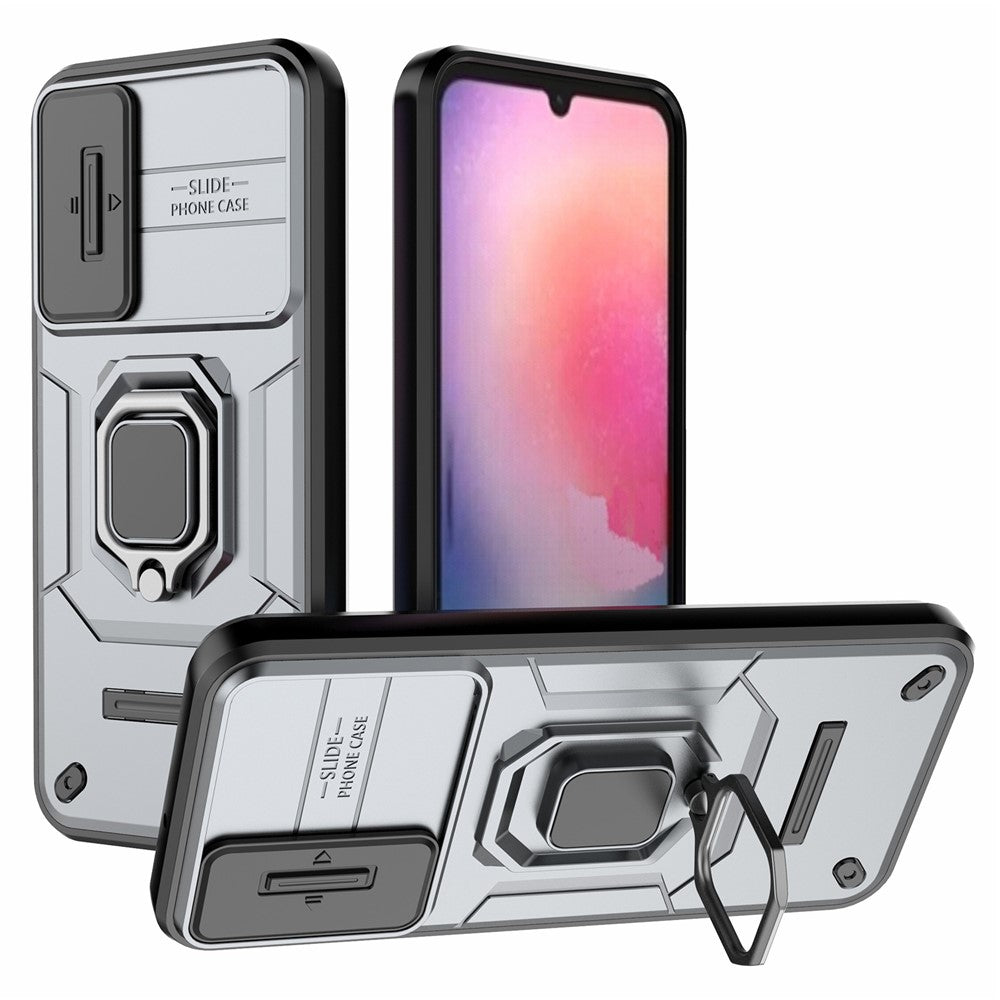 Back Shell for Samsung Galaxy A24 4G (162.1 x 77.6 x 8.3mm) PC+TPU Fall-proof Phone Case Slide Lens Protection Kickstand Cover