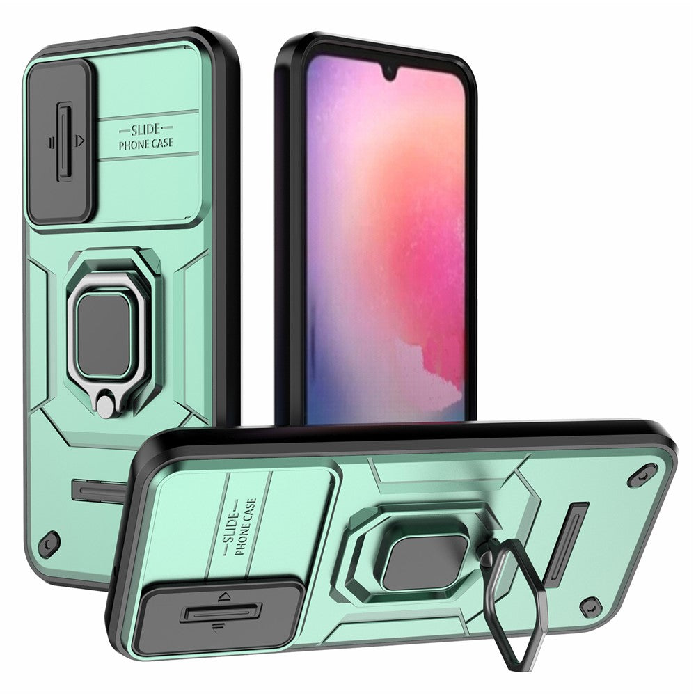 Back Shell for Samsung Galaxy A24 4G (162.1 x 77.6 x 8.3mm) PC+TPU Fall-proof Phone Case Slide Lens Protection Kickstand Cover